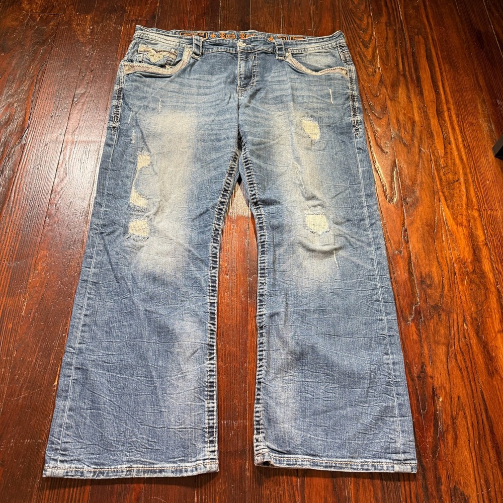 Rock Revival Jeans Mens 42x30 Blue Distressed Thick Stitch Berwyn Bootcut Faded